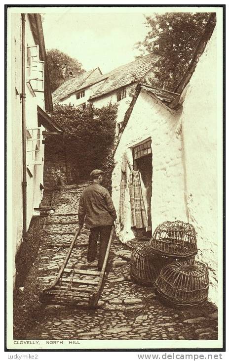 "Clovelly, North Hill",  C1925.     (lobster Baskets, Trolley) - Clovelly