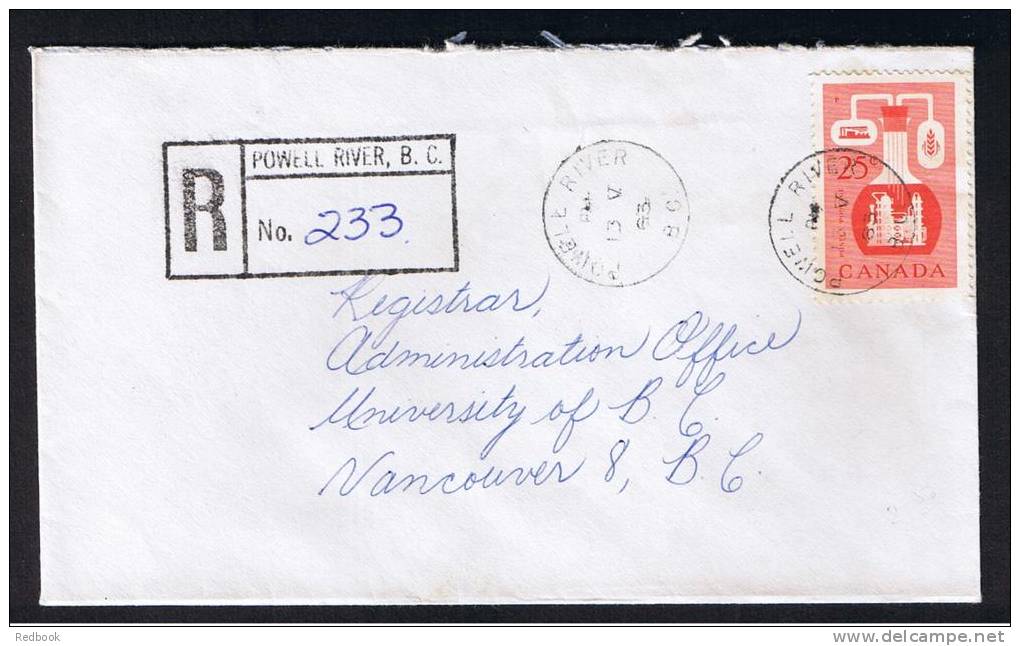RB 859 - Canada 1963 Registered Cover Powell River B.C. 25c Rate To Vancouver - Covers & Documents