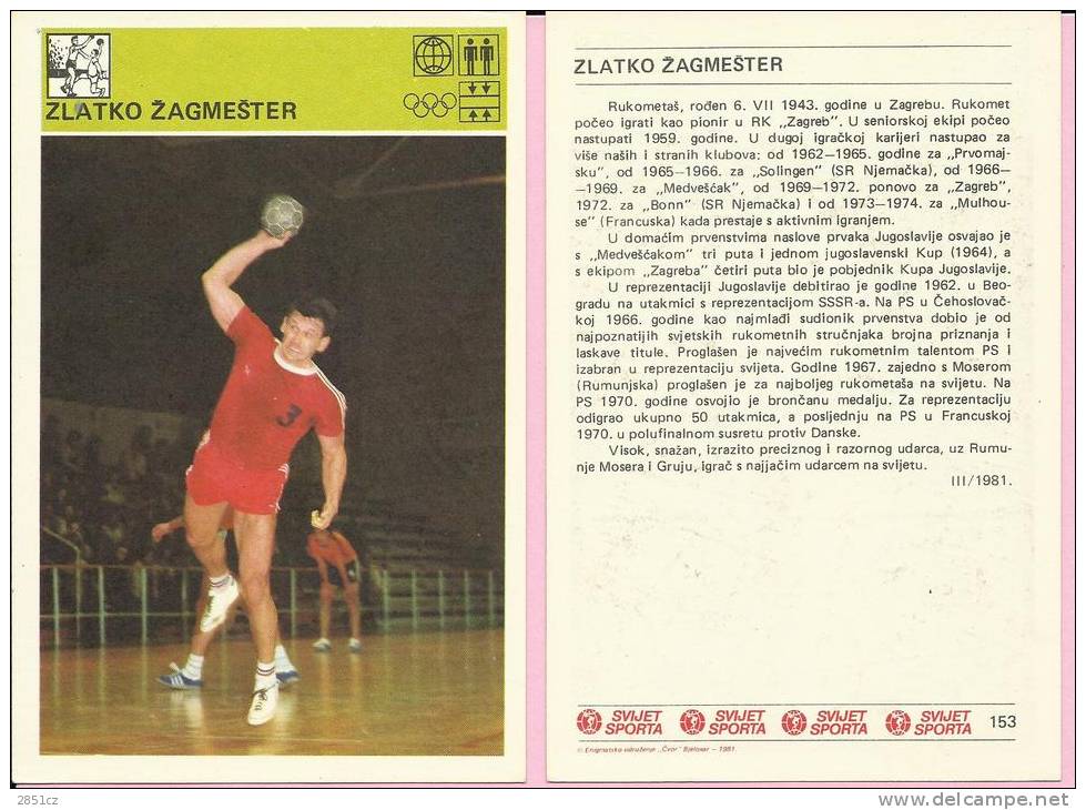 SPORT CARD No 153 - ZLATKO ŽAGMEŠTER, Yugoslavia, 1981., 10 X 15 Cm - Handball
