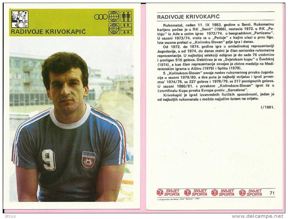 SPORT CARD No 71 - RADIVOJE KRIVOKAPI&#262;, Yugoslavia, 1981., 10 X 15 Cm - Handball