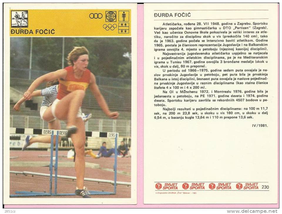 SPORT CARD No 230 - &#272;UR&#272;A FO&#268;I&#262;, Yugoslavia, 1981., 10 X 15 Cm - Leichtathletik