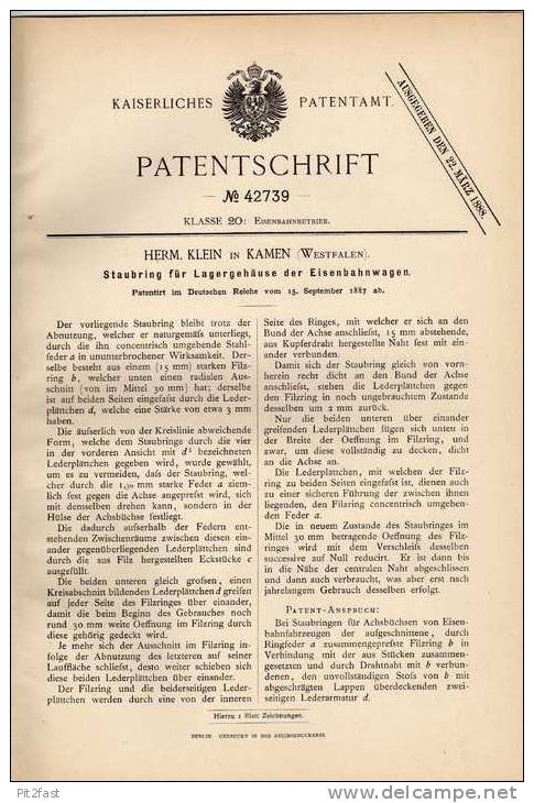 Original Patentschrift - H. Klein In Kamen , 1887 , Lagerung Für Eisenbahn !!! - Kamen