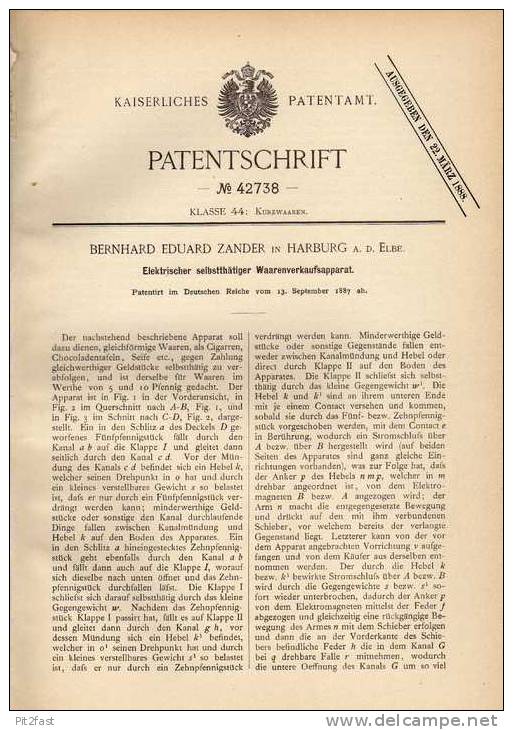 Original Patentschrift - B. Zander In Harburg , Elbe , 1887 , Elektr. Verkaufsapparat Für Waren !!! - Autres & Non Classés