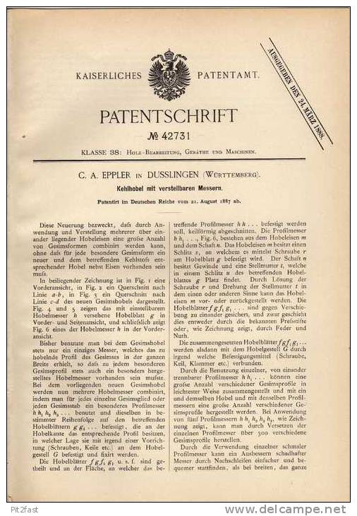 Original Patentschrift - C. Eppler In Dußlingen , 1887 , Verstellbarer Kehlhobel , Hobel , Tischler , Dusslingen - Antike Werkzeuge