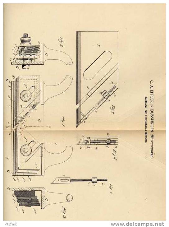 Original Patentschrift - C. Eppler In Dußlingen , 1887 , Verstellbarer Kehlhobel , Hobel , Tischler , Dusslingen - Antike Werkzeuge