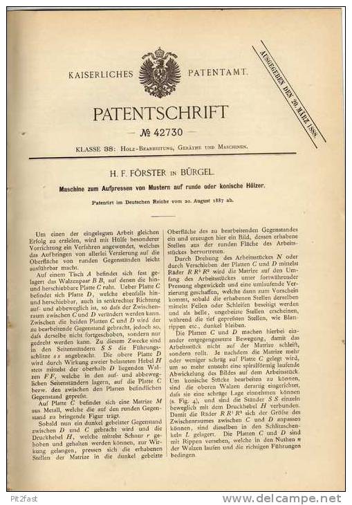 Original Patentschrift - H. Förster In Bürgel , 1887 , Pressmaschine Für Muster , Druck , Druckerei !!! - Maschinen