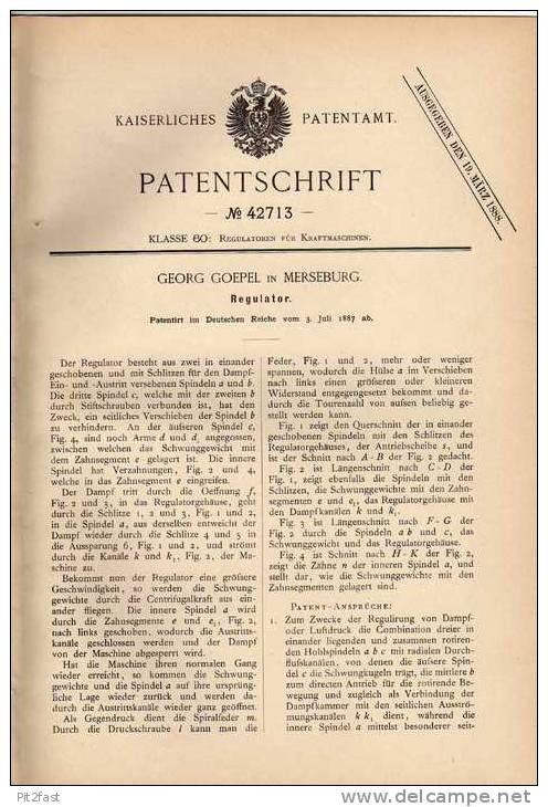 Original Patentschrift - G. Goepel In Merseburg , 1887 , Regulator  !!! - Tools