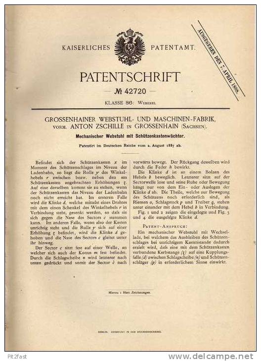 Original Patentschrift - Webstuhlfabrik In Grossenhain , 1887 , Webstuhl , Weberei , Weber !!! - Máquinas