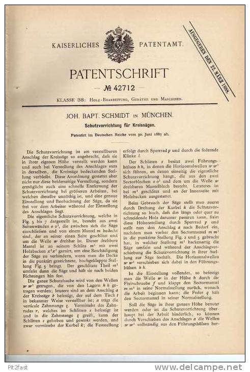 Original Patentschrift - Schutz Für Kreissäge , Säge , 1887 , J. Schmidt In München , Sägewerk !!! - Machines