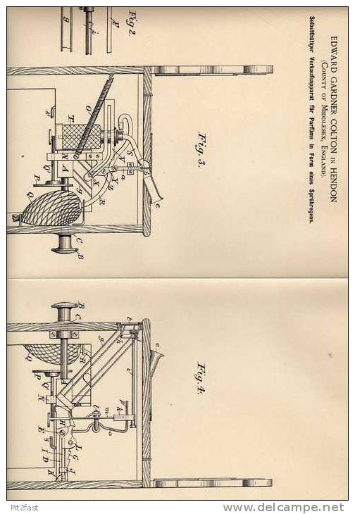 Original Patentschrift - Verkaufsapparat Für Parfüm , 1887 , E. Colton In Hendon , England !!! - Flakons (leer)