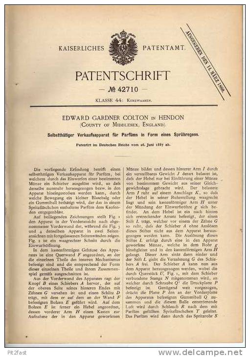 Original Patentschrift - Verkaufsapparat Für Parfüm , 1887 , E. Colton In Hendon , England !!! - Flacons (vides)