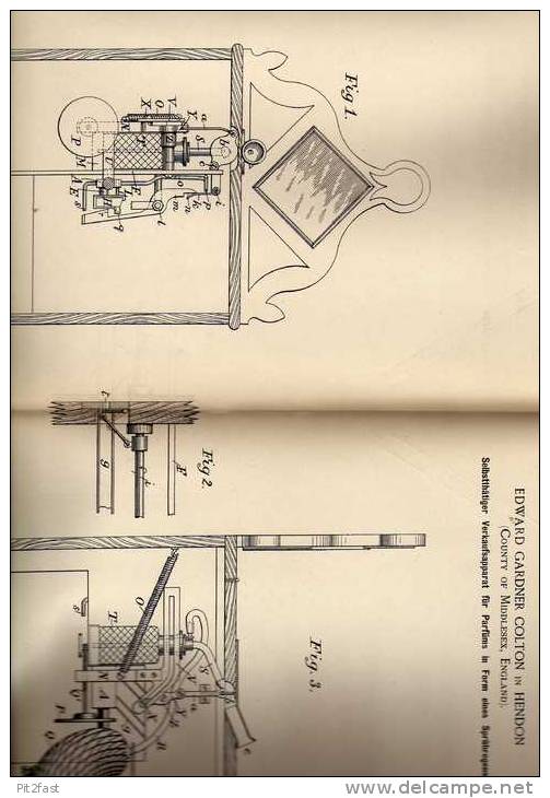 Original Patentschrift - Verkaufsapparat Für Parfüm , 1887 , E. Colton In Hendon , England !!! - Flacons (vides)