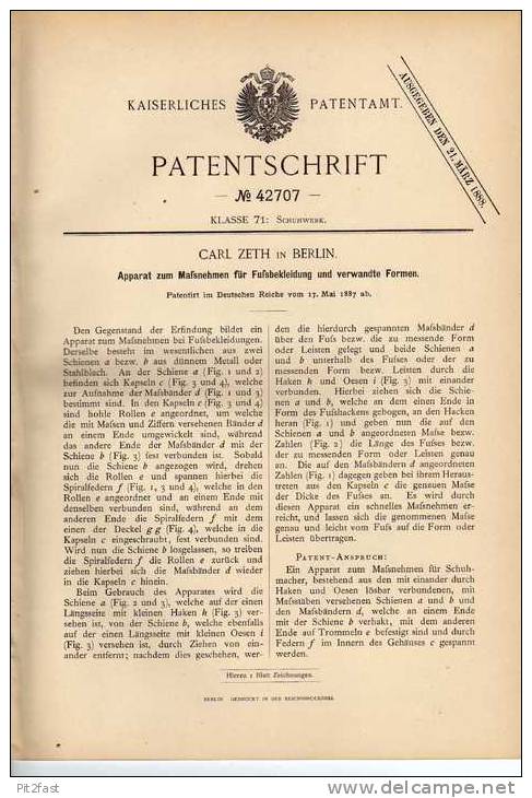 Original Patentschrift - C. Zeth In Berlin , 1887 , Apparat Für Schuhe , Strümpfe , Fußbekleidung , Schuster !!! - Shoes