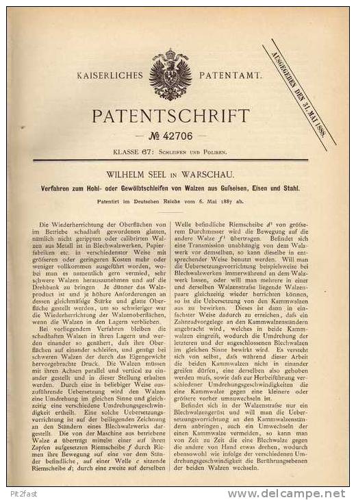 Original Patentschrift - Maschine Zum Schleifen Von Gußeisen , 1887 , W. Seel In Warschau !!! - Maschinen