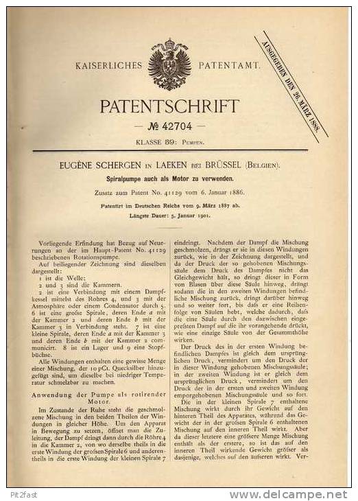 Original Patentschrift - E. Schergen In Laeken Bei Brüssel , 1887 , Spiralpumpe , Motor !!! - Macchine