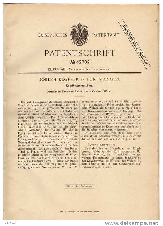 Original Patentschrift - J. Koepfer In Furtwangen , 1886 , Kugelkettenmaschine !!! - Maschinen