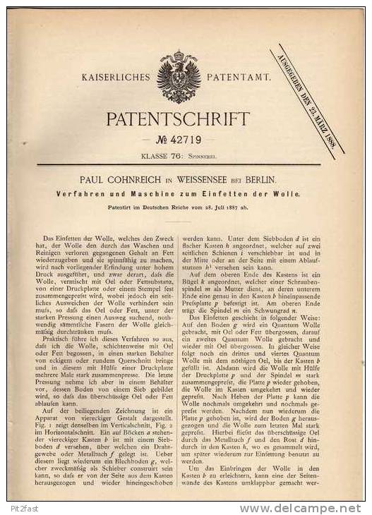 Original Patentschrift - Maschine Zum Fetten Von Wolle , Spinnerei , 1887 , P. Cohnreich In Weissensee B. Berlin !!! - Tools