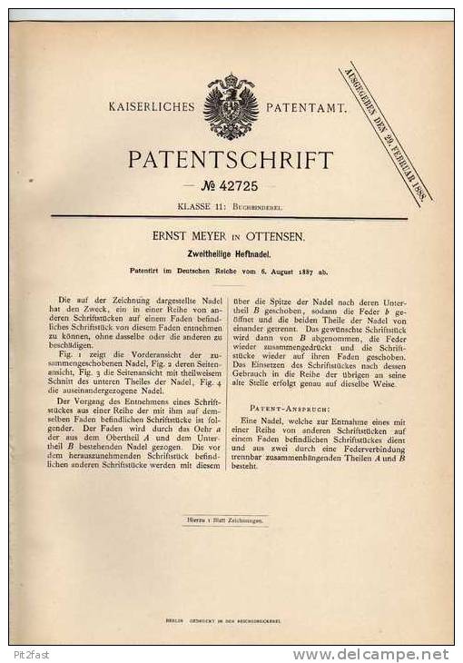 Original Patentschrift - E. Meyer In Ottensen , 1887 , Heftnadel , Buchbinderei , Hamburg !!! - Sonstige & Ohne Zuordnung