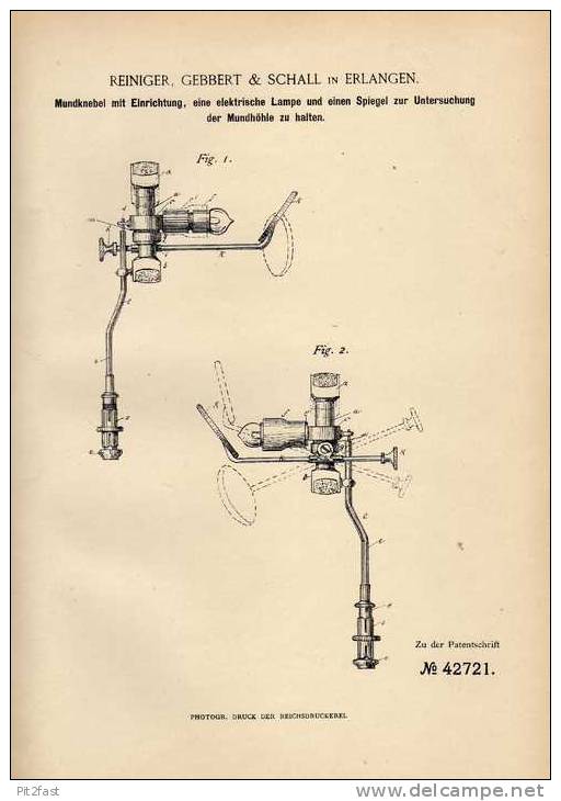 Original Patentschrift - Gebbert & Schall In Erlangen , 1887 , Mundknebel Mit Lampe Und Spiegel Für Zahnarzt !!! - Antike Werkzeuge