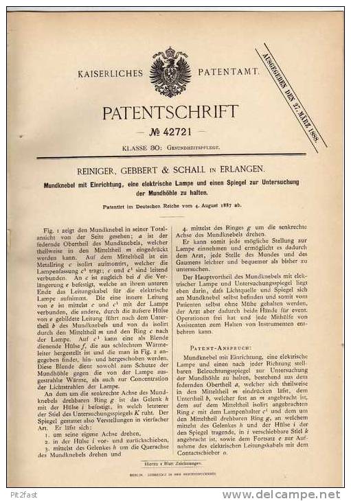 Original Patentschrift - Gebbert & Schall In Erlangen , 1887 , Mundknebel Mit Lampe Und Spiegel Für Zahnarzt !!! - Antike Werkzeuge