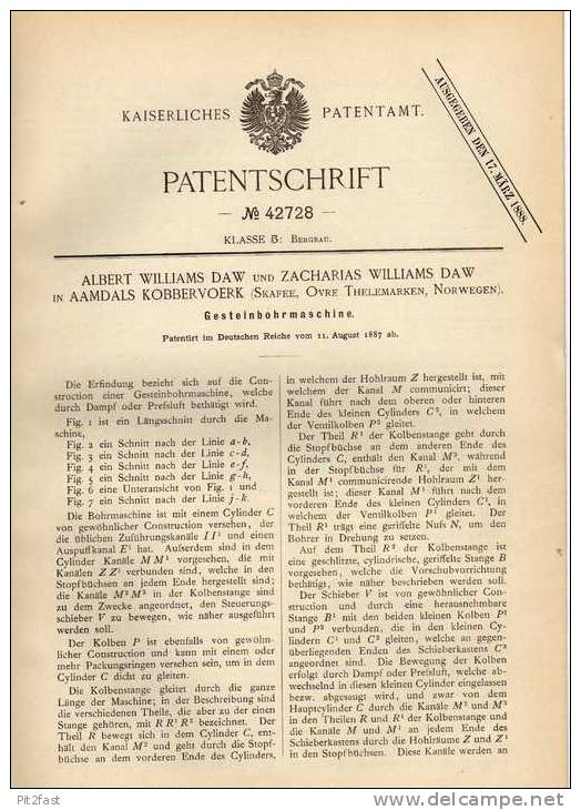 Original Patentschrift - A. Daw In Aamdals Kobbervoerk , Norwegen , 1887 , Gesteinsbohrer , Bergbau , Bohrer !!! - Machines