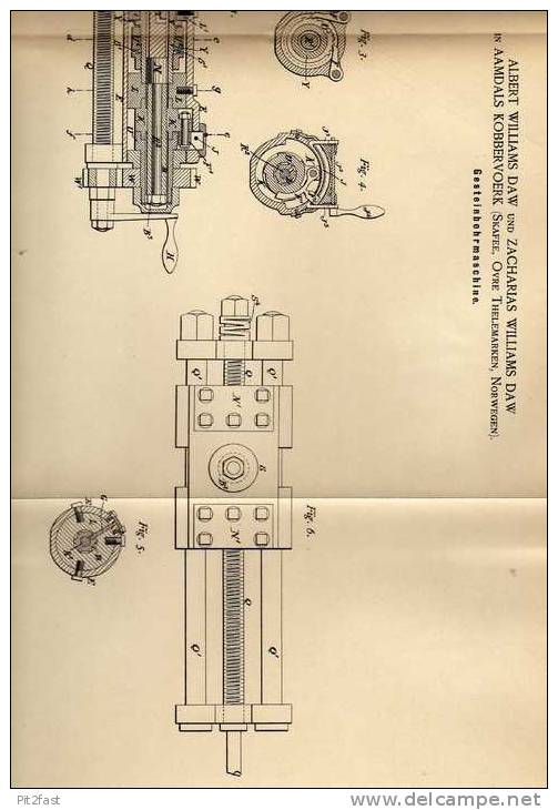 Original Patentschrift - A. Daw In Aamdals Kobbervoerk , Norwegen , 1887 , Gesteinsbohrer , Bergbau , Bohrer !!! - Machines