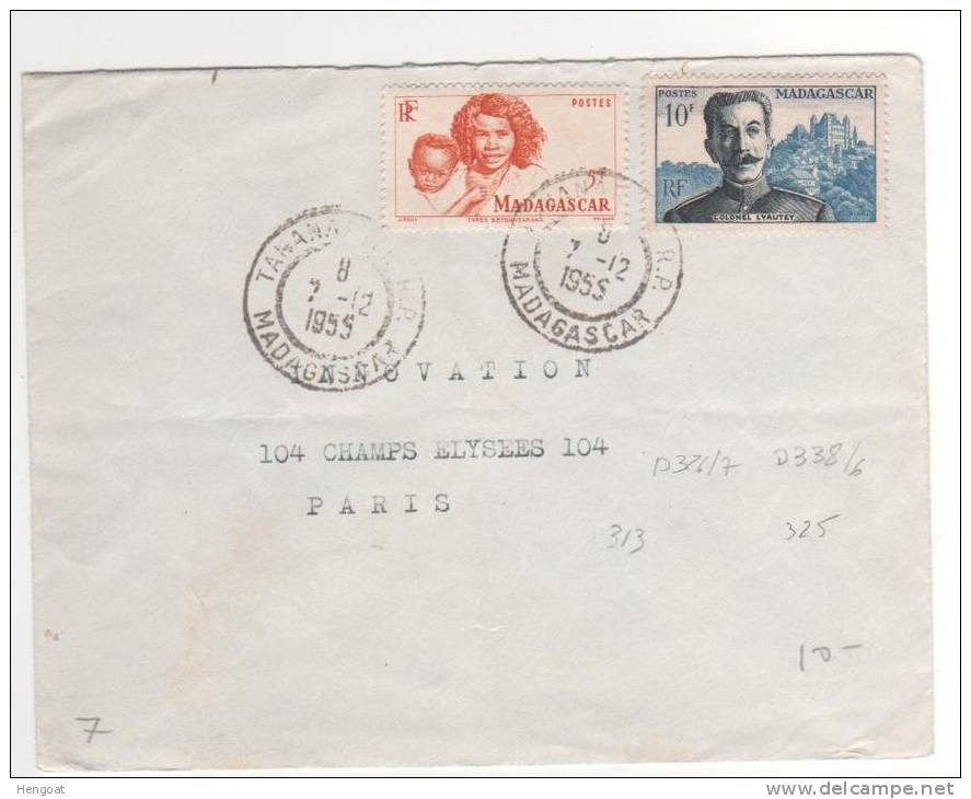 Timbres Yvert N° 313 , 325 / Lettre Du 7/12/55 Pour La France - Covers & Documents