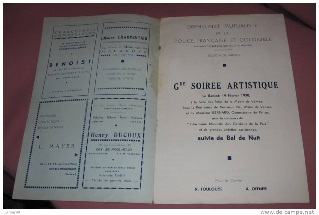 Vanves  18 Fevrier 1938 Fete De Bienfaisance Orphelinat De La Police - - Programmes