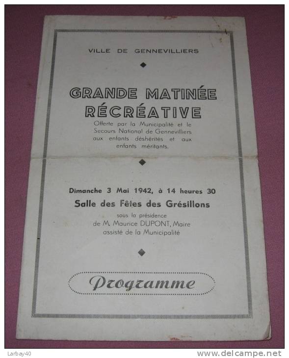 Programme Gennevilliers 03 05 1942 Salle Des Gresillons - Programmes
