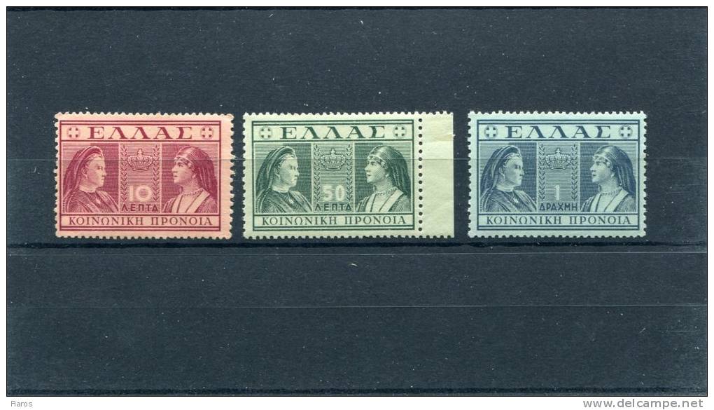 1939-Greece- "Queens" Charity- Cherry-violet, Blue-green, Indigo Blue Complete Set MNH/MH - Charity Issues