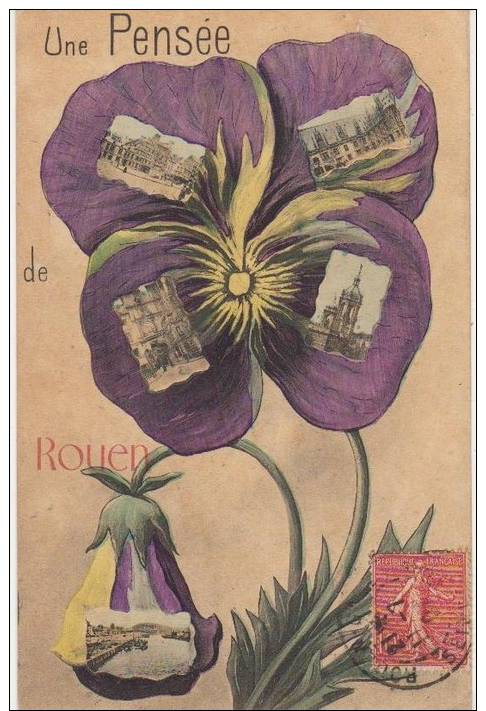 CPA 76 ROUEN Souvenir Fantaisie Une Pensée Fleur 5 Vues Carte Colorisée 1907 - Rouen