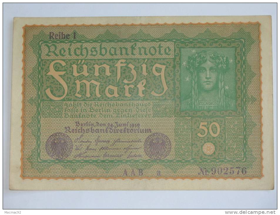 50 Mark - Funfzig Mark -  1919 Reichsbanknote - Germany - Reihe 1. - 50 Mark