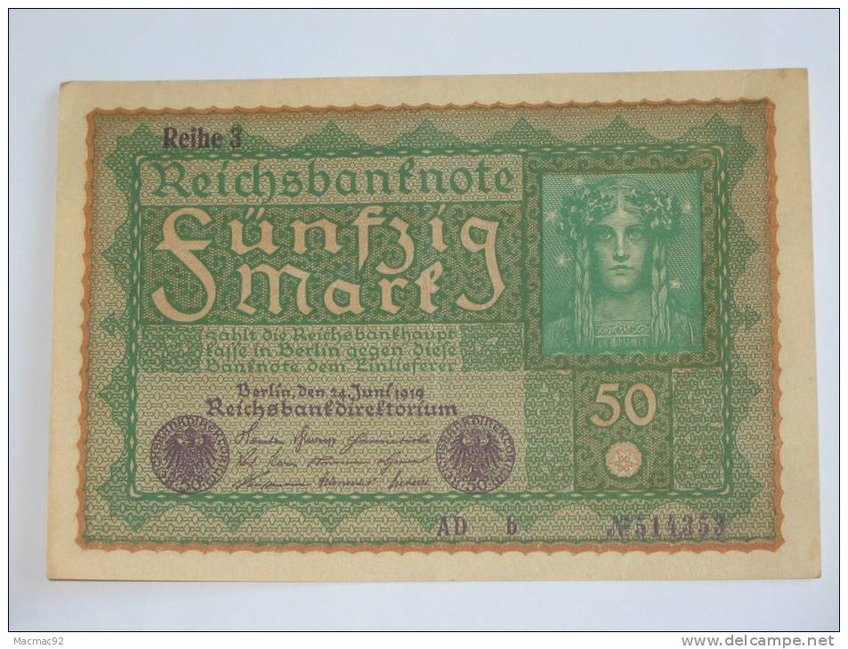 50 Mark - Funfzig Mark -  1919 Reichsbanknote - Germany - Reihe 3. - 50 Mark