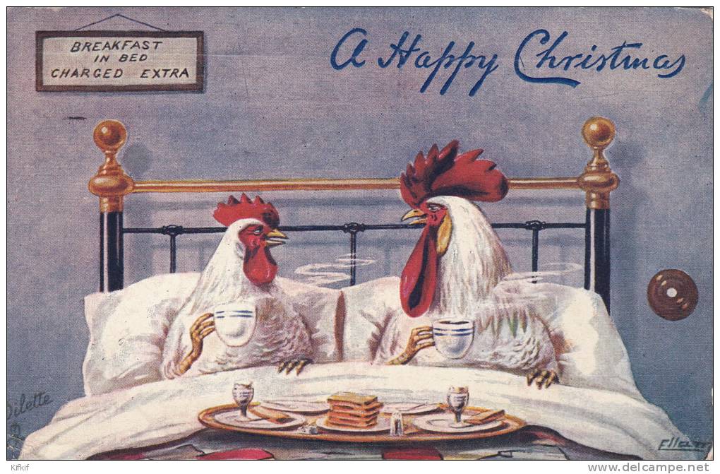 Ellam Poule Et Coq Au Lit Breakfast In Bed Charged Extra Rooster Happy Chritmas Petit Déjeuné 1907 - Autres & Non Classés