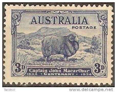 AUSTRALIA - 1934 3d Merino Sheep. Scott 148. Mint Hinged * - Neufs