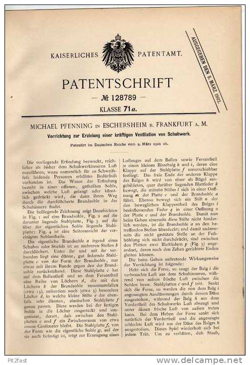 Original Patentschrift - M. Pfennig In Eschersheim , 1901, Ventilation Für Schuhe , Schuh , Schuster !!! - Zapatos