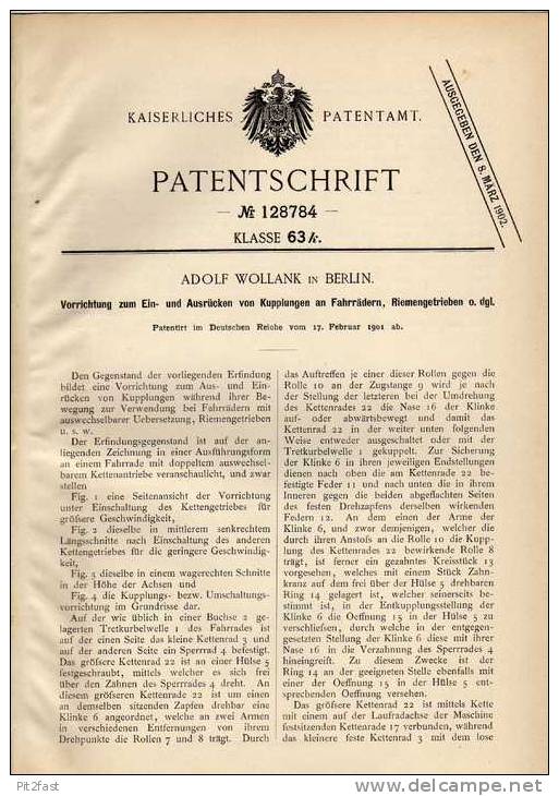 Original Patentschrift - Kupplung Für Fahrrad , 1901, A. Wollank In Berlin!!! - Other & Unclassified