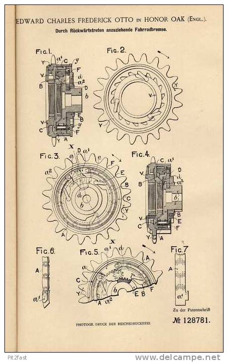 Original Patentschrift - Bremse Für Fahrrad , Rücktritt , 1899 , E. Otto In Honor Oak , England  !!! - Other & Unclassified