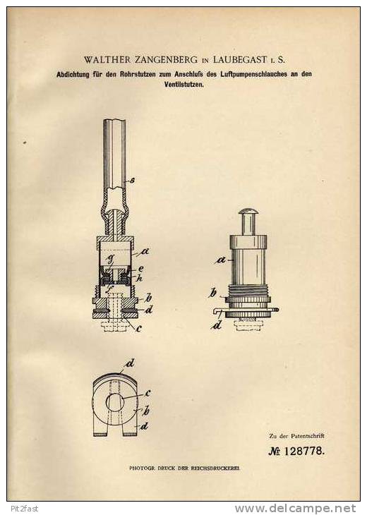 Original Patentschrift - W. Zangenberg In Laubegast , 1901 , Ventil Anschluß Für Luftpumpe !!! - Motorräder