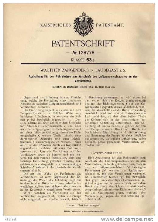 Original Patentschrift - W. Zangenberg In Laubegast , 1901 , Ventil Anschluß Für Luftpumpe !!! - Motorräder