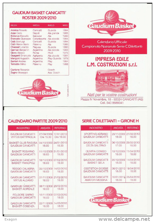 Calendario  Campionato  Naz. C  Dilettanti -  GAUDIUM  BASKET  CANICATTI' 2009 /2010. - Autres & Non Classés