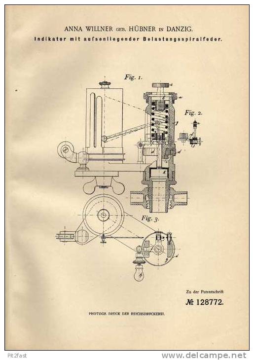 Original Patentschrift - A. Willner In Danzig , 1901 , Indikator Mit Spiralfeder !!! - Macchine