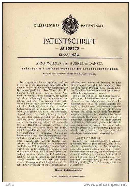 Original Patentschrift - A. Willner In Danzig , 1901 , Indikator Mit Spiralfeder !!! - Maschinen