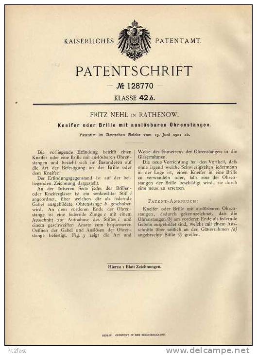 Original Patentschrift - F. Nehl In Rathenow , 1901 , Brille Mit Auslösbaren Ohrenstangen !!! - Gafas/Lentes