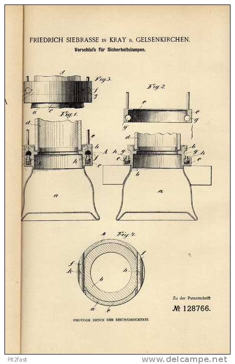 Original Patentschrift - F. Siebrasse In Kray B. Gelsenkirchen , 1901 , Verschluß Für Sicherheitslampen !!! - Leuchten & Kronleuchter