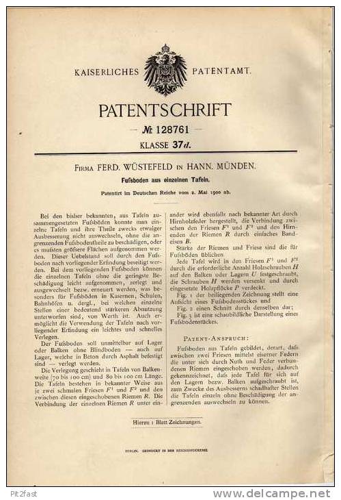 Original Patentschrift - F. Wüstenfeld In Hann. Münden , 1900, Fußboden Aus Einzelnen Tafeln , Parkett !!! - Arquitectura