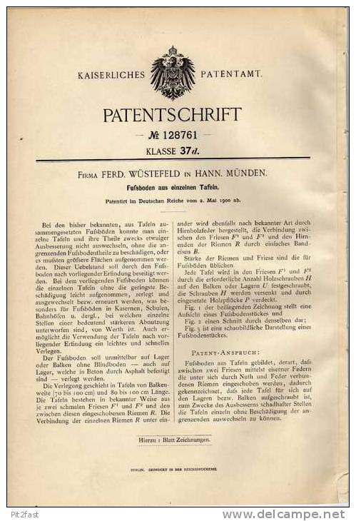Original Patentschrift - F. Wüstenfeld In Hann. Münden , 1900, Fußboden Aus Einzelnen Tafeln , Parkett !!! - Architektur