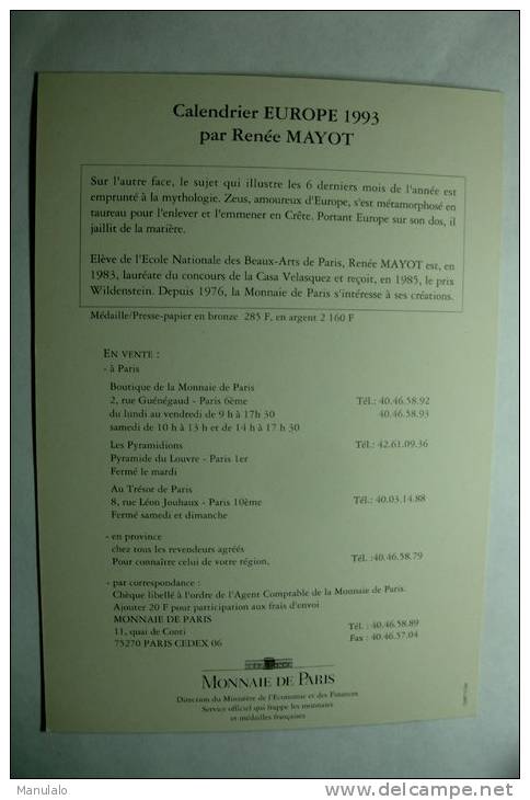 Monnaie De Paris - Calendrier Europe 1993 Par Renée Mayot - Monnaies (représentations)