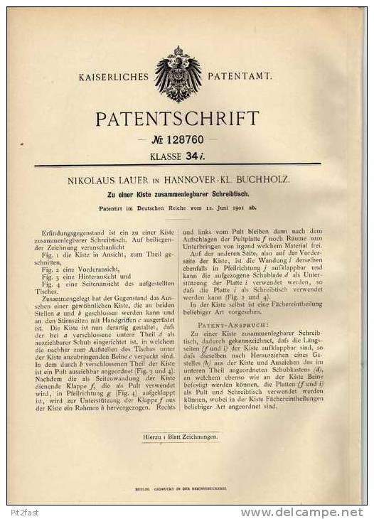 Original Patentschrift - N. Lauer In Hannover Kl. Buchholz , 1901 , Schreibtisch Zur Kiste Zusammenlegbar !!! - Sonstige & Ohne Zuordnung