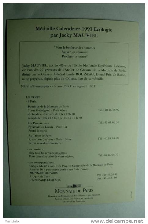 Monnaie De Paris - Méaille Calendrier 1993 Ecologie Par Jacky Mauviel - Monete (rappresentazioni)